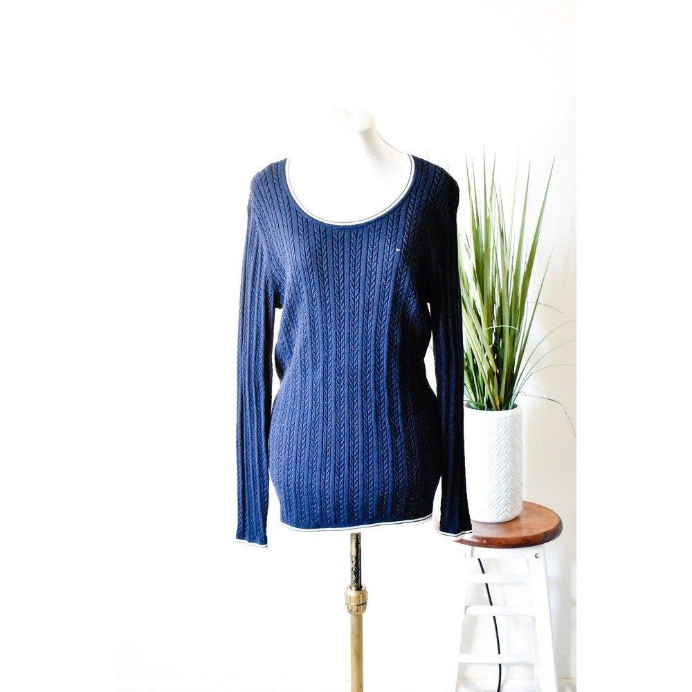 Tommy Hilfiger Cable Knit Sweater Women Medium Navy Blue Preppy Scoop Neck Top